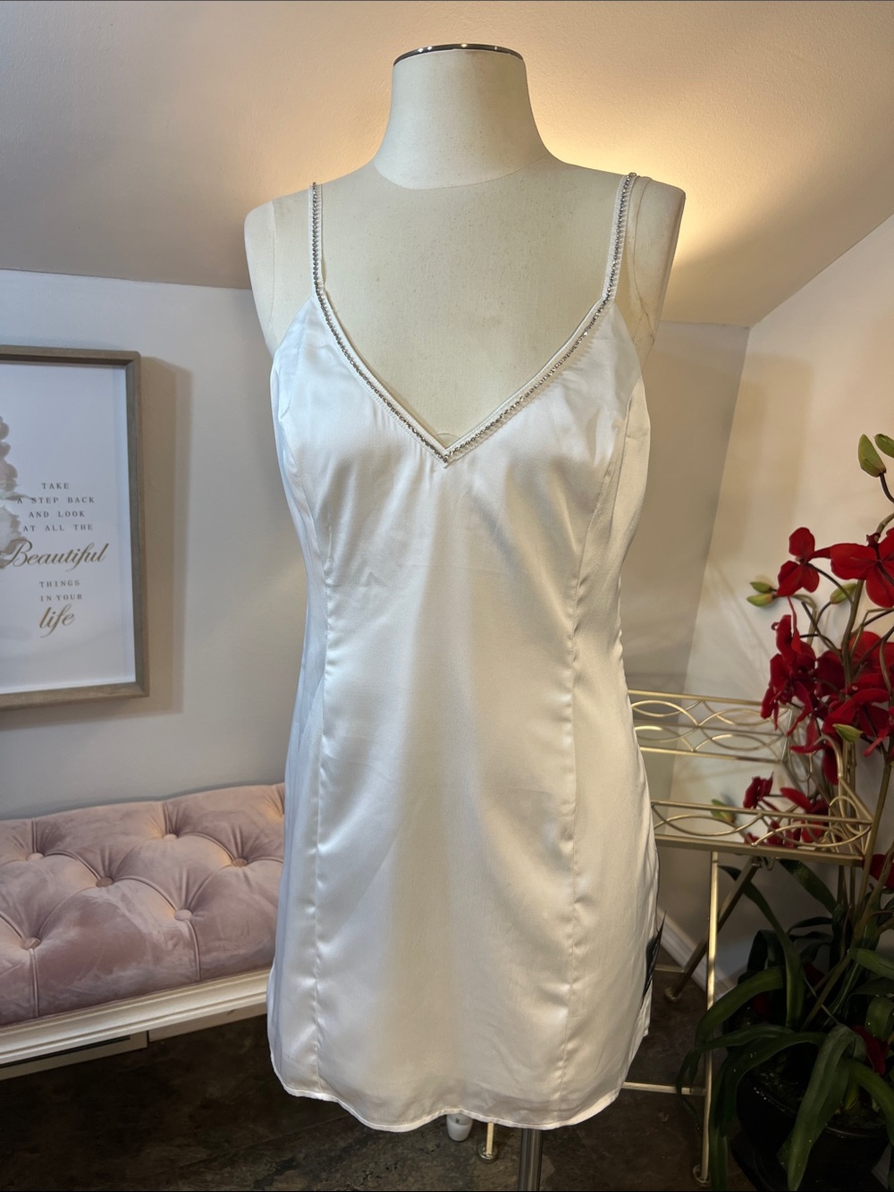 Lulus NWT White Satin Rhinestone Strap Bow Back Mini Dress Bridal Size L